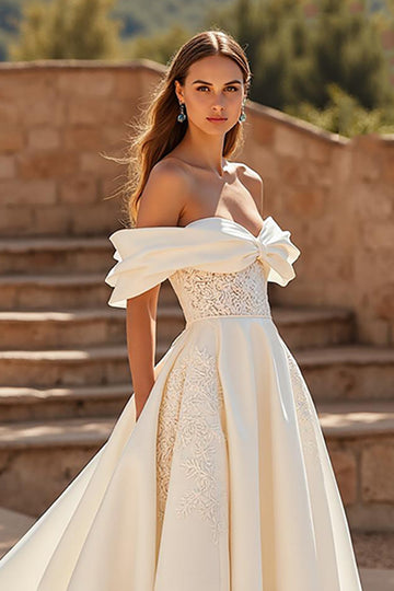 Court Train Satin A Line Off the Shoulder Ivory Wedding Dress with Lace Appliques